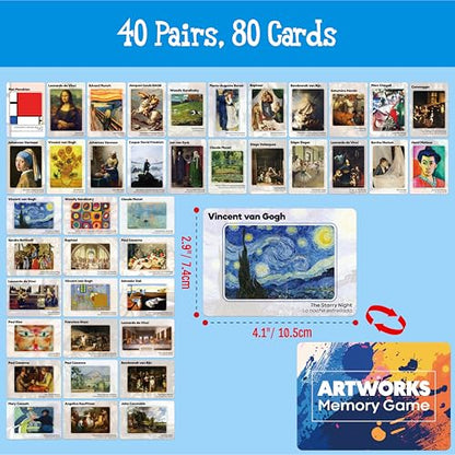 80 PCS Artwork Matching Game, 40 Famous Painting Memory Cards Bilingual Language Picture Match Game, Educational Learning Toys Enhance Memory & Matching Skills for Kids Ages 3 and Up - style: Artwork