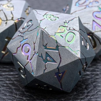 Metal DND Dice Set with Sharp Edge for RPG, Polyhedral D&D Dice in Gift Box for Dungeons and Dragons - color: Silver and Coloured Cracks