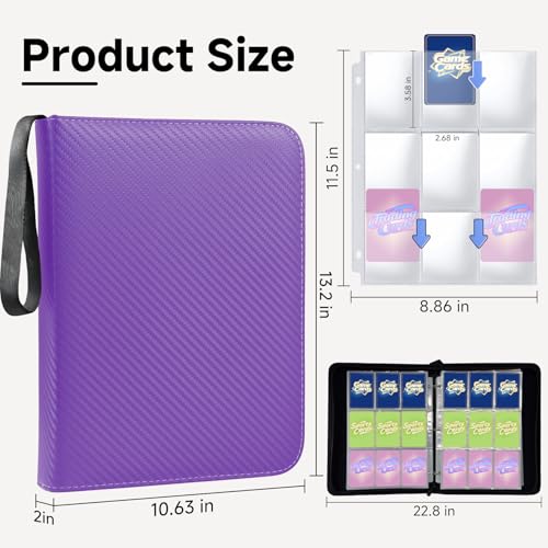 9 Pocket Trading Card Binder, Holds 1080 Cards with 60 Removable Double-Sided Sleeves, Premium Zipper Top Loader Card Collection Album, PU Card Folder Holder for MTG, TCG, Baseball, Sports Cards - color: Purple
