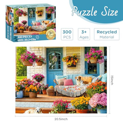 300 Piece Puzzles for Adult, Colorful Flower and Cute Puppy Jigsaw Puzzle - style: House and Puppy