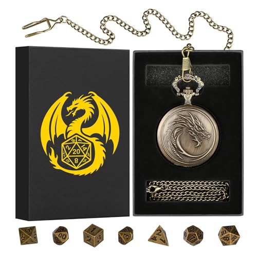 Mini DND Dice Set with Steampunk Dragon Head Totem Pocket Watch Case, Tiny 7PCS Polyhedral Metal D&D Dice, DND Gifts with Gift Box, Role Playing Game Board Game Accessories Dice, Bronze - color: Bronze