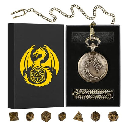 Mini DND Dice Set with Steampunk Dragon Head Totem Pocket Watch Case, Tiny 7PCS Polyhedral Metal D&D Dice, DND Gifts with Gift Box, Role Playing Game Board Game Accessories Dice, Bronze - color: Bronze