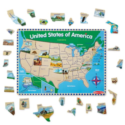 Melissa & Doug USA Map Wooden Puzzle (45 pcs) | 46 Piece Set, Wooden Puzzle Board With State Capitals, 45 State Pieces, Geography Learning Toys for Kids, Ages 5+
