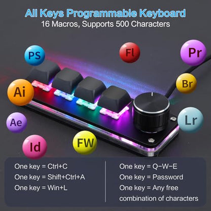 Koolertron Macro Programmable Keypad, One Handed Programmable Mechanical Keyboard, RGB Blue Switch Hot Swappable, 4 Keys 1 Knob Backlit Keypad for Working and Gaming, Black - size: 4-key (1 Knob)
