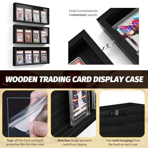 Emfogo Card Display Case, 3 Pack Trading Card Display Frame Wall Mount, Wooden Baseball Card Display Case with Clear View, Graded Sports Card Display for Trading Card Collection (3 Pack-Black) - size: 1-Layer 3 Pack