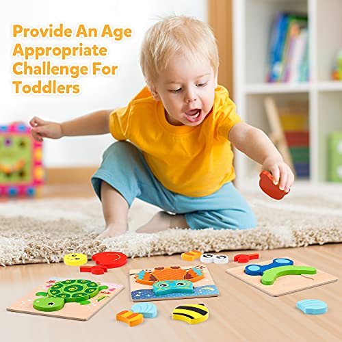 Coogam Wooden Jigsaw Puzzle Set, 6 Pack Animal Shape Color Montessori Toy, Fine Motor Skill Early Learning Preschool Educational Gift Game for Years Old Kids