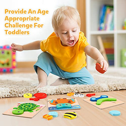 Coogam Wooden Jigsaw Puzzle Set, 6 Pack Animal Shape Color Montessori Toy, Fine Motor Skill Early Learning Preschool Educational Gift Game for Years Old Kids