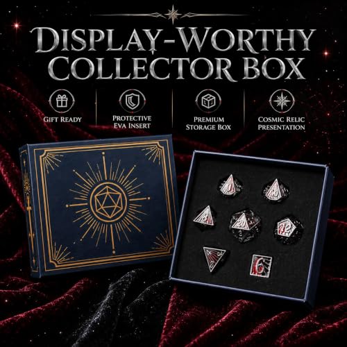 Radiant Array Metal DND Dice Set, 7-Piece Black Red Dice | Solid zinc alloy dice with weighty feel, raised numbers, black red enamel design, and a collector box for RPG play. - color: Black