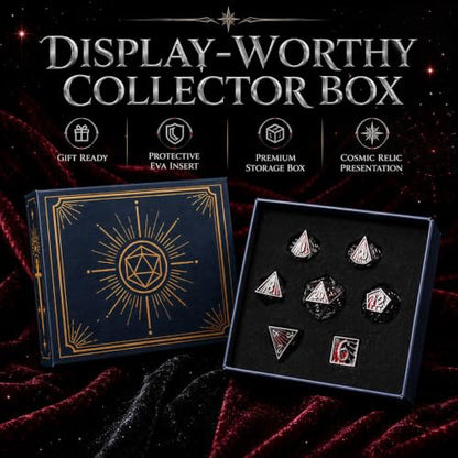 Radiant Array Metal DND Dice Set, 7-Piece Black Red Dice | Solid zinc alloy dice with weighty feel, raised numbers, black red enamel design, and a collector box for RPG play. - color: Black