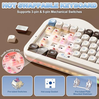 YUNZII C75 Wireless Mechanical Keyboard,75% Layout, Hot-Swappable NKRO,BT5.0/2.4G/USB-C Mode,Dye-Sub PBT MOA Keycaps,RGB Gasket Mount,Cute Cake Design for Mac/Win/Gaming (Choco, Candy Switch) - color: Choco, size: Candy Switch