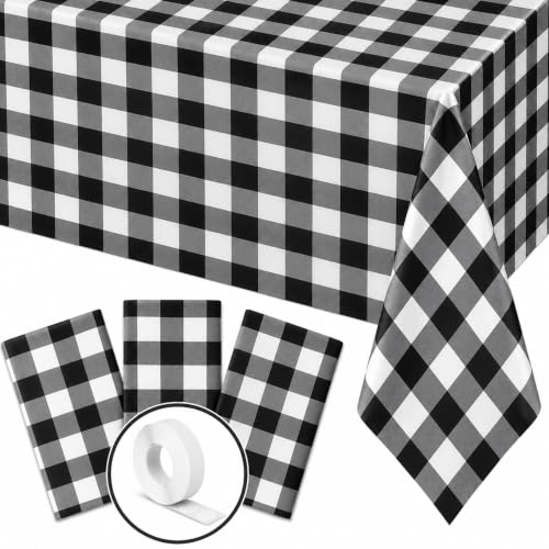 Blue Orchards Black Gingham Table Cover (Pack of 3 with 20 Glue dots) - 54"x108" XL - Black and White Buffalo Checkered Picnic Plastic Tablecloth, Camping Decoration, Outdoor Birthday Party Supplies - color: Black Gingham (Pack of 3)