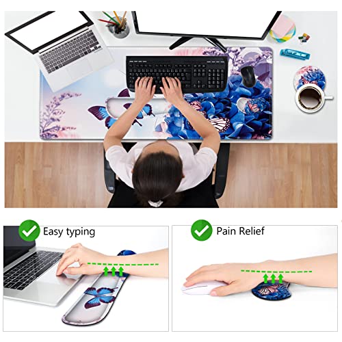 AIMSA Large Gaming Mouse Pad Set, Keyboard Wrist Rest Support Mouse Pad, Ergonomic Memory Foam Multifunctional Extended Desk Mat 35x15.7in Anti-Slip Rubber Base for Office Home, Butterfly Flower - color: Butterfly Flower