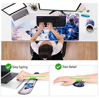 AIMSA Large Gaming Mouse Pad Set, Keyboard Wrist Rest Support Mouse Pad, Ergonomic Memory Foam Multifunctional Extended Desk Mat 35x15.7in Anti-Slip Rubber Base for Office Home, Butterfly Flower - color: Butterfly Flower