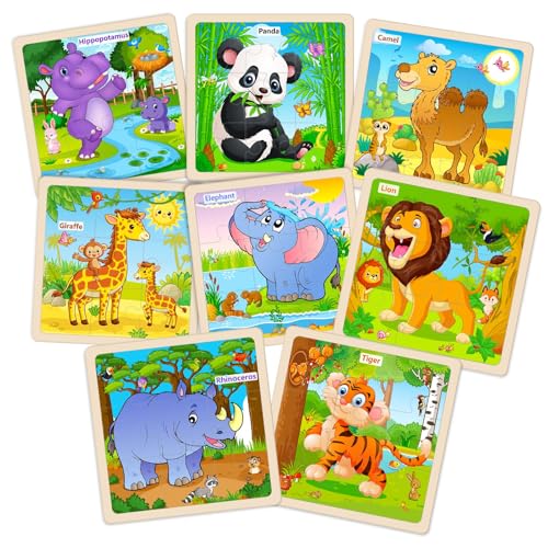Wooden Puzzles for Toddlers Ages 2-4, 8 Pack 9 Pcs Kids Jigsaw Puzzles Set for Ages 3-5, Educational Learning Toys Gift for 3 4 5 Year Old Boys Girls, Cute Preschool Animal Patterns