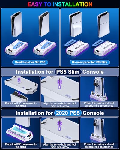 PS5 / PS5 Slim Cooling Station with Controller Charging Station - LED Light Cooling Stand for Playstation 5 Slim Disc/Digital Console, Accessories Incl RGB Light/Cooler Fan/3 USB Hubs/Headset Holder