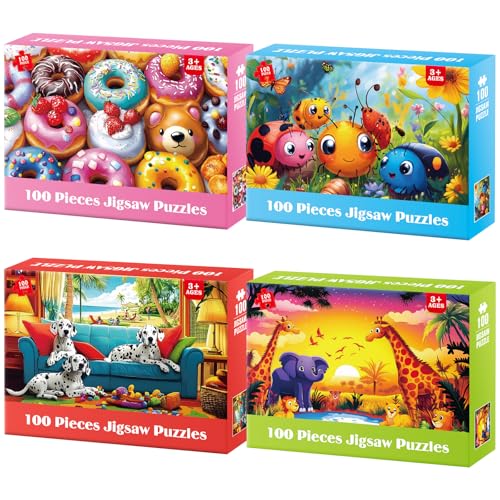 4 Packs 100 Piece Puzzles for Kids Ages 4-6 6-8 8-10, Cute Donuts & Insects & Dalmatians & Animals Educational Jigsaw Puzzles, Birthday Xmas Gifts for Boys Girls Teens Adults Kids Puzzles 4-6 5-8 - style: Donuts Insects Dalmatians Animals