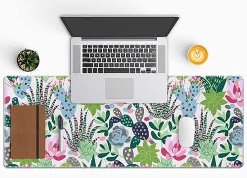 Extensive Gaming Mouse Mat - Succulents & Cacti Design, 31.5 x 11.8 - Non-Slip Base & Stitched Edge - color: Succulents and Cactuses