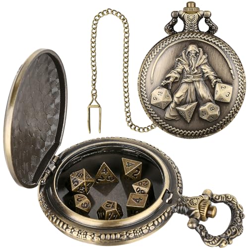 Mini DND Dice Set, Hand Held Dice Wizard Pocket Watch Shell Case, 7 Piece Polyhedral Metal D&D Dice Set, DND Gifts with Gift Box, Role Playing Board Game Accessories, Bronze - color: Bronze
