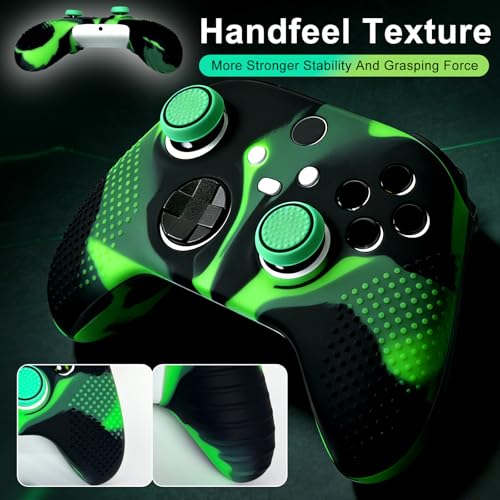 Anti-Slip Green Black Controller Skin,Studded Edition Protective Silicone Cover Skin Grips Compatible with Xbox Series X/S Controller and 6 PCS Thumb Grips Caps. - color: Green Black