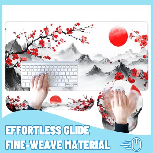 Cherry Blossom Desk Mat Set Zen Ink Landscape Large Mouse Pad with Wrist Rest 4-in-1 Desk Mat for Desktop Ergonomic Computer Desk Arm Wrist Anti-Slip Computer Ergonomic Mouse Pad Home Office Gaming - color: Cherry Blossom, size: 34.5" x 15.7"