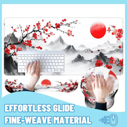 Cherry Blossom Desk Mat Set Zen Ink Landscape Large Mouse Pad with Wrist Rest 4-in-1 Desk Mat for Desktop Ergonomic Computer Desk Arm Wrist Anti-Slip Computer Ergonomic Mouse Pad Home Office Gaming - color: Cherry Blossom, size: 34.5" x 15.7"