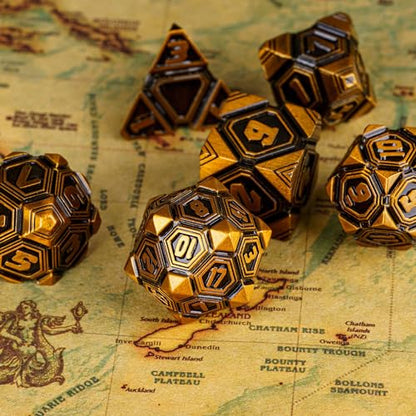 Metal UFO Dice Set, 7 Die Metal Polyhedral Dice Set for DND Dungeons and Dragons Role Playing Games,with Skull Bag.(Ancient Gold) - color: Ancient Gold