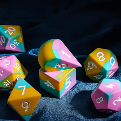 7-Piece Jumbo Silicone DND Dice Set, 25mm Oversized D&D Dice | Round Edges Soft Perfect Bouncer Compatible with Dungeons and Dragons RPG Bar Pub Club Party Games - color: Pink&cyan&yellow