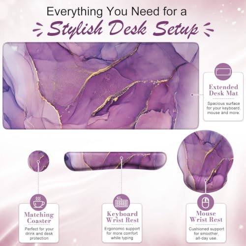 iCasso Purple Ergonomic Large Mouse Pad with Wrist Support, 4in1 XXL Desk Mat Set- Keyboard Wrist Rest + Mouse Wrist Rest + Coaster, Marble Style Desk Pad Mousepad - color: 1-Purple Marble