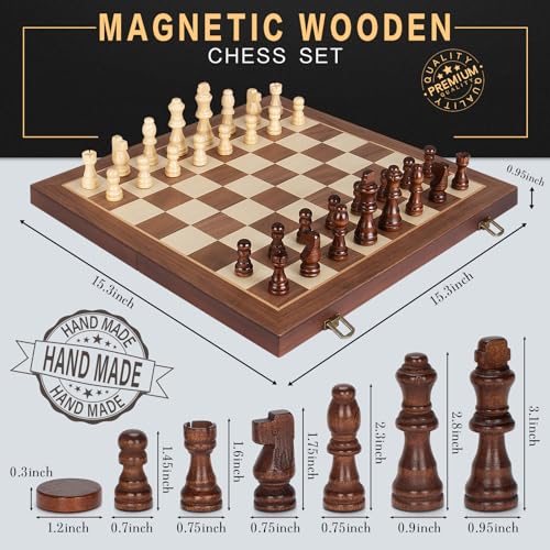 2 in 1 Magnetic Wooden Chess and Checkers Board Game Set, 15" Folding Chess Boards with 2 Extra Queens, Portable Travel Chess Sets with Pieces Storage Slots, Beginner Chess Game Set for Kids, Adults - style: 2 in 1 Magnetic Chess Set