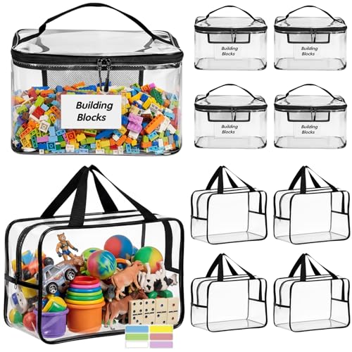 Clear Toy Storage Bags, 10-Pack PVC Organizer Bags with Labels | Reusable PVC bags with zipper, label and manual pockets for blocks, board games, puzzles, books, classrooms and travel