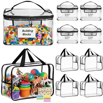 Clear Toy Storage Bags, 10-Pack PVC Organizer Bags with Labels | Reusable PVC bags with zipper, label and manual pockets for blocks, board games, puzzles, books, classrooms and travel