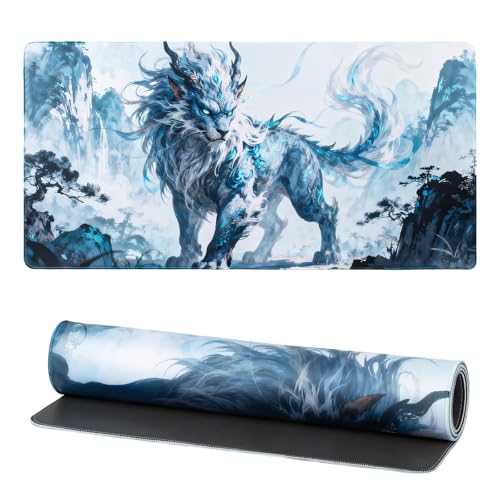Lion Gaming Mouse Pad, XXL Chinese Landscape Desk Mat 31.5X15.7 | HD Print, Non Slip Rubber Base, Waterproof Fabric Top, Stitched Edges, Ideal Gift for Dorm, Home, Office & Back to School - color: Iceblue