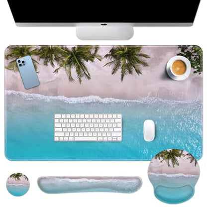 Britimes Blue Turquoise Ocean Keyboard Mouse Pad Set Beach Summer 4in1 Large Mousepad+Keyboard Wrist Rest+Mouse Wrist Rest+Coaster Ergonomic Design for Home Office Computer 35.4x15.7 inches - color: Blue Turquoise Ocean