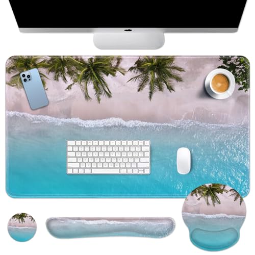 Britimes Blue Turquoise Ocean Keyboard Mouse Pad Set Beach Summer 4in1 Large Mousepad+Keyboard Wrist Rest+Mouse Wrist Rest+Coaster Ergonomic Design for Home Office Computer 35.4x15.7 inches - color: Blue Turquoise Ocean