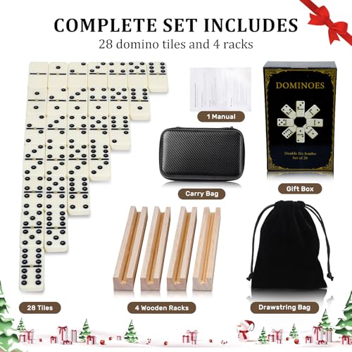 MeetYr Life Dominos Set for Adults 28 Dominos with 4 Wooden Trays 1 Storage Bag, Double 6 Dominoes Travel Case Game for Family & Parties (D6-White)
