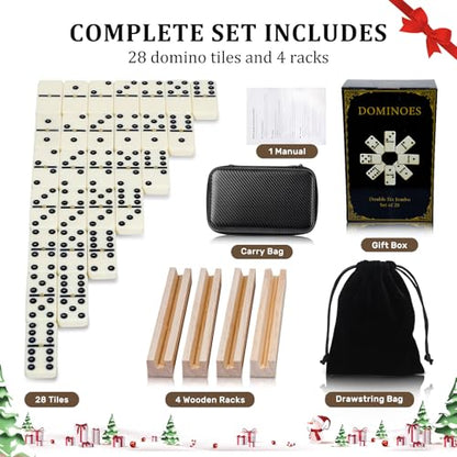 MeetYr Life Dominos Set for Adults 28 Dominos with 4 Wooden Trays 1 Storage Bag, Double 6 Dominoes Travel Case Game for Family & Parties (D6-White)