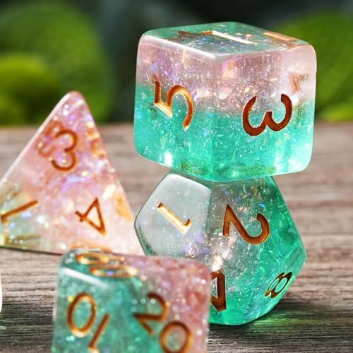 Starlight Ember Resin Dice Set for DND – 7pc Polyhedral Set with Glitter – Stunning and Cool RPG Dice for Dungeons & Dragons, and Other TTRPGs – Unique Natural Distribution - color: Starlight Ember