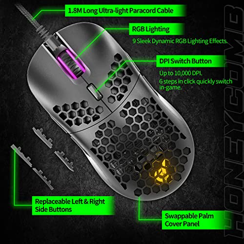 GUNMJO Gram DIY Honeycomb Shell Wired RGB Gaming Mouse, PC Gaming Mouse with 9 Buttons and Up to 10,000 DPI, Computer Mice for PC Gaming, Black Color
