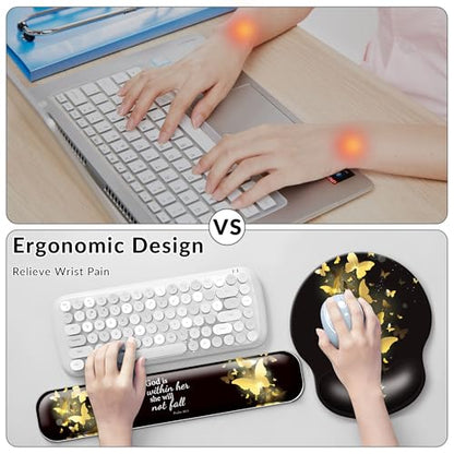 Desk Mat Set Keyboard and Mouse Pad with Wrist Rest Support | Ergonomic,Pain Relief, 4-in-1 Large Big Mousepad Computer Mats,Desk Pad Matt Mats for Desktop Home & Office - color: E3-Golden Butterflies
