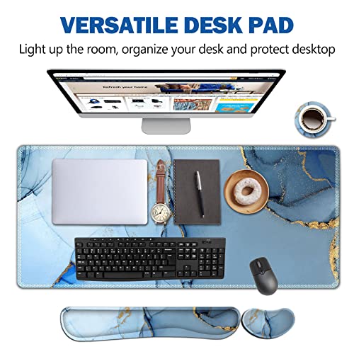 AIMSA Large Gaming Mouse Pad Set, Keyboard Wrist Rest Support Mouse Pad, Ergonomic Memory Foam Multifunctional Extended Desk Mat 35x15.7in Anti-Slip Rubber Base for Office Home, Blue Marble - color: Blue Marble