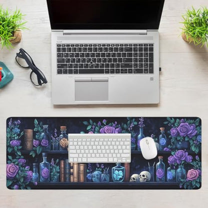 Bookshelf Gaming Mouse Pad Purple Roses Gothic Fantasy Potion Extended Mousepad Waterproof Stitched Edges Rubber Base Non-Slip Deskmap Computer Keyboard Mat 31.5x11.8 Inch - color: Bookshelf_06, size: 31.5L x 11.8W inches