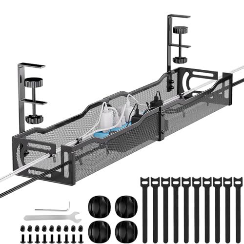 Cable Management, 25'' Cable Management Under Desk, Cable Tray | No Drill Under Desk Cable Management Tray, Cord Organizer with Clamp for Standing Desk, Desk Organizer for Home Office - color: Black, size: 25'' (1 Pack)
