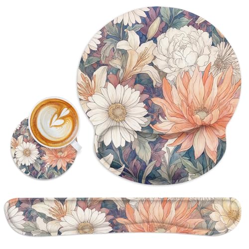 Ergonomic Mouse Pad Set with Wrist Rest, Daisy Floral Vintage | Cottagecore Non-Slip Rubber Base Wrist Cushion Support and Coasters Mousepad with Wrist Support for Computer Keyboard - color: Floral Vintage Daisy
