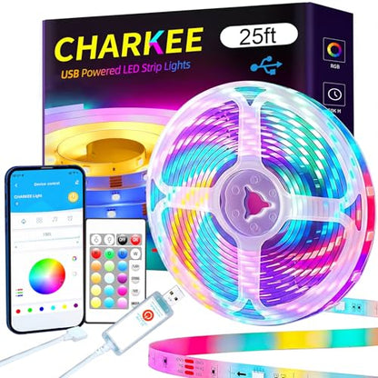 CHARKEE 25ft LED Strip Lights USB-Powered, Color Changing RGB LED Strip Lights for Bedroom/TV Backlight/Gaming Lighting, Music Sync SMD 5050 Flexible LED Lights with Remote/APP Control - size: Bluetooth 25ft USB Powered