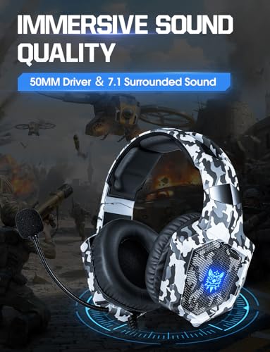 Nanddi Gaming Headset with Microphone, Gaming Headphones for PS4 PS5 Xbox One PC with LED Lights, PlayStation Headset with Noise Reduction 7.1 Surround Sound Over-Ear and Wired 3.5mm Jack (White) - color: Camo White