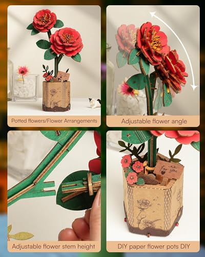 3D Flower Wooden Puzzles for Adults-Red Camellia, DIY Wooden Flowers Model Kit Building Set Crafts Birthday Gifts, Artificial Botanical Collection Creative Gift Idea/Housewarming (113PCS) - style: TW - Red Camellia