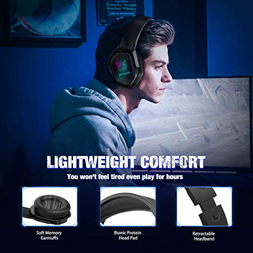 Gaming Headset with Microphone, Noise Canceling Headphones with 3D Surround Sound Stereo, Soft Earmuff & RGB LED Light, Over-Ear Game Headphones for PC, PS4, Xbox One, PS5, Mac, Laptop-Black