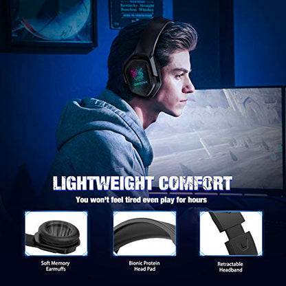 Gaming Headset with Microphone, Noise Canceling Headphones with 3D Surround Sound Stereo, Soft Earmuff & RGB LED Light, Over-Ear Game Headphones for PC, PS4, Xbox One, PS5, Mac, Laptop-Black