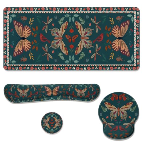 Vintage Moth Desk Mat Set Forest Floral Large Mouse Pad with Wrist Rest 4in1 Desk Mat for Desktop Ergonomic Keyboard Wrist Support Anti-Slip Computer Ergonomic Mouse Pad Home Office Gaming - color: Vintage Moth