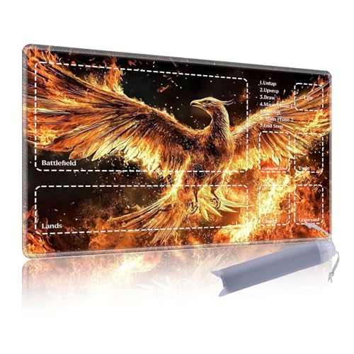 Premium TCG Playmat with 6 Gaming Zones | 24x14 Non-Slip Rubber Surface MTG Mat | Black Play Card Storage Pouch for CCG Playmat | Phoenix Bird in the Fire - color: Phoenix Bird in the Fire, size: 13.8*23.6 in